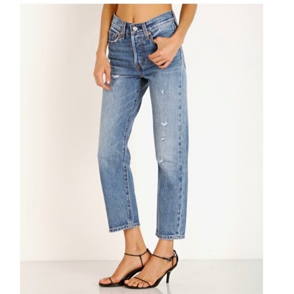 Levi's Wedgie Straight Jeans High Rise Medium Wash Before Dawn Distressed Sz 27 - Picture 6 of 15